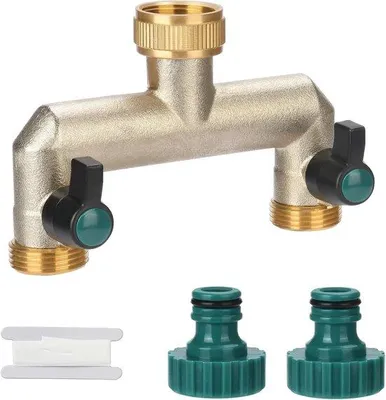 Produktbild von 2-Wege-Messing-Wasserverteiler mit Hahn (3/4 Zoll) ideal für Gartenschläuche