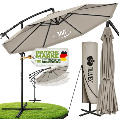 Image de Parasol Tillvex Taupe Ø 300 cm Parasol suspendu Parasol de jardin Parasol de marché Manivelle Balcon Aluminium Inclinable, Image générée par une IA