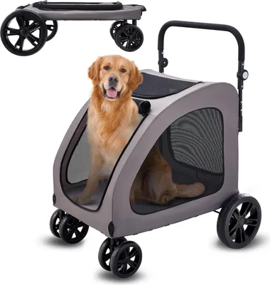 Immagine prodotto di VEVOR passeggino per cani 79x91x113 cm, carrello per cani 4 ruote con freni, carrello per cani, carrello per cani fino a 73 kg di capacità di carico, finestre in rete traspiranti, altezza regolabile, tessuto Oxford 600D, per cani, animali domestici