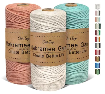 Image de Lot de 3 pelotes de fil à macramé, 3 mm x 100 mètres, pour projets créatifs