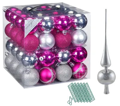 Produktbild von JACK 64x Kunststoff Christbaumkugeln Ø 6cm + Spitze 28cm inkl. Aufhänger Kugeln Pink-Silber