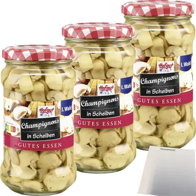 Produktbild von Hofgut Champignons in Scheiben 3er Pack (3x314ml Glas) + usy Block