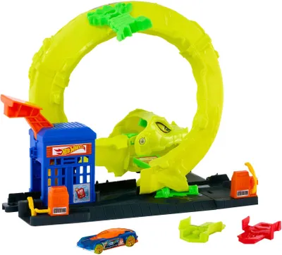 Produktbild von Hot Wheels City Schlangen-Spiralattacke Spielset mit Die-Cast-Spielzeugauto im Maßstab 1:64 und schnellem Track-Stecksystem, Fahrzeug- & Schienen-Set, 4 Jahr(e), Kunststoff, Mehrfarbig