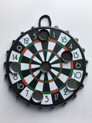 A dartboard shaped like a bottle cap, with bottle caps used as markers.