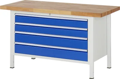Produktbild von Werkbank mit 4 XXL Schubladen - Teilauszug - 120:2 / 150:2 - 840 x 1.500 x 700 mm (HxBxT) - Traglast 1.250 kg - Buche