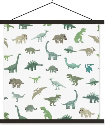 Produktbild von MuchoWow® Textilposter Dinosaurier - Grün - Jungen - Braun - Kind - Muster 60x60 cm mit schwarzem Rahmen - Posteraufhänger