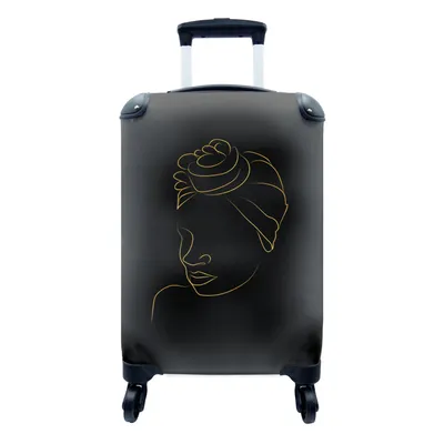 Produktbild von MuchoWow® Koffer Handgepäck Trolley Rollkoffer Kleine Reisekoffer mit 4 Rollen - Frau - Kopftuch - Schwarz und Gold - Strichzeichnung - Cabin Size < 55x40x23 cm & 55x40x20 cm - Fotokoffer - Kabinenkoffer - Boardgepäck - Reise-Box - Reisekoffer - Reisegepäck - Koffer mit Bild - Trolley für Kinder