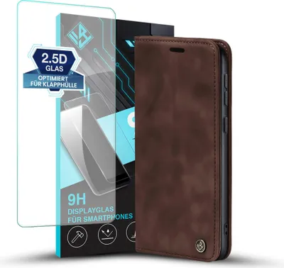 Produktbild von Handy Hülle für Samsung Galaxy S25 Edge mit 9H Displayglas Klapphülle Bookcase Flip Cover Handy Tasche Etui Farbe: Dunkelbraun