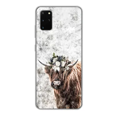 Produktbild von MuchoWow® Handyhülle Schutzhülle Hülle für Samsung Galaxy S20 Plus Schottischer Highlander - Marmor - Blumen Silikon Softcase Handy Hülle - Hartschale
