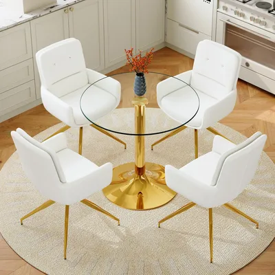 Produktbild von 4er Set runder Esstisch aus gehärtetem Glas, 85 cm Durchmesser, goldene Metallkonstruktion, vier weiß-goldene 360° drehbare PolyurethanEsszimmerstühle
