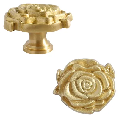 Produktbild von 2 goldene Möbelknöpfe mit Rosettenmotiv, Griffe aus gebürstetem Messing, runde goldene Knöpfe, Schraubgriffe für Schränke, Küchengriffe, Schrankknöpfe, Einloch-Schrankgriffe, für Kleiderschränke, Sideboards und Schubladen
