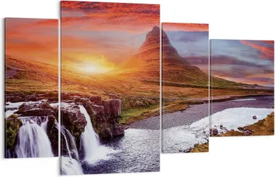 Produktbild von Bild auf Leinwand - Leinwandbild - 4 Teile - Kirkjufell Wasserfall Berg - 120x70cm - Wand Bild - Wanddeko - Wandbilder - Leinwanddruck - Bilder - Wanddekoration - Leinwand bilder - DL120x70-4704