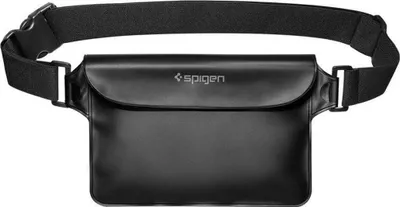 A black waterproof waist bag with a Spigen logo is shown against a white background.