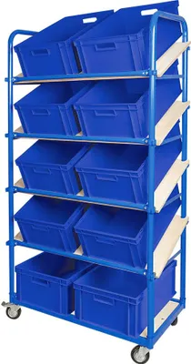 Produktbild von Schrägboden-Regalwagen mit 5 Ebenen, 4 Lenkrollen, bestückt mit 10 Euroboxen 600x400x220 mm blau