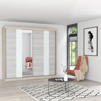 Produktbild von Schwebetürenschrank Kleiderschrank Schrank 233 cm Sonoma/Kathult mit Spiegel und Lacobel Glaseinsatz Multi 32