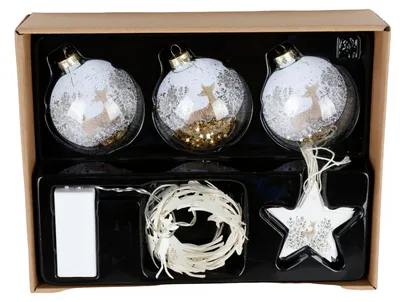 Produktbild von Deko-Geschenkset Baumschmuck Rentier 10tlg Glaskugeln, Lichterkette und Anhänger