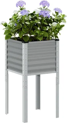 Produktbild von Grauer Pflanzkübel mit Stahlrahmen, Blumenkübel für den Außenbereich, Hochbeet für den Garten, Pflanzkasten für den Außenbereich, Blumenkasten für den Balkon, 45x45x88 cm