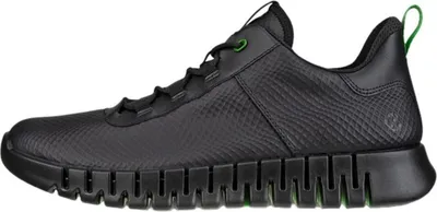 A side view of a black Ecco sneaker with green accents.