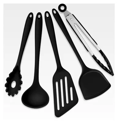 Produktbild von Küchenutensilien Set, 5 Teile Schwarz Silikon Küchenhelfer Kochbesteck Set, Hitzebeständiges Küchenset für Kochen & Backen, Gesund & Antihaft, Spülmaschinenfest