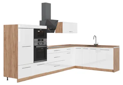 Produktbild von Eckküche Vicco Fame-Line Weiß Hochglanz/Goldkraft Eiche 347 x 51.6 cm ohne Arbeitsplatte, Model 63616