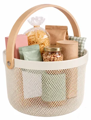 Produktbild von Relaxdays Drahtkorb mit Henkel, rund, Aufbewahrungskorb Metall & Holz, Utensilienkorb Küche, Bad, Wohnzimmer, creme, KI-generiertes Bild