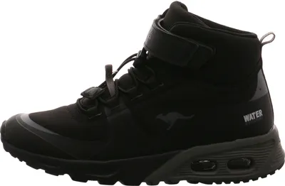 A side view of a black high-top sneaker.