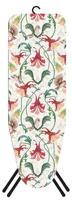 An ironing board cover with a floral and bird pattern.