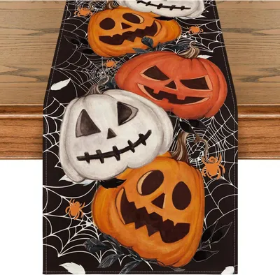Zdjęcie produktu dla Artoid Fashion Halloweenowy bieżnik na stół Spider Web Pumpkins Lantern Black 40x240 cm