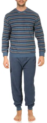 Produktbild von Herren Frottee Schlafanzug mit Bündchen in Streifenoptik langarm Pyjama - 202 101 13 600 ; dunkelgrau , 56