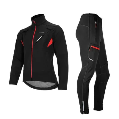 A black and red cycling jacket and pants set.