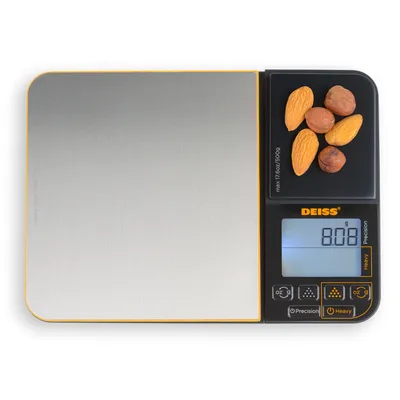 Imagen del producto de Báscula digital para cocina y alimentos Deiss PRO con doble superficie de pesaje: 5 kg y 500 g. Báscula de precisión para cocinar y hornear