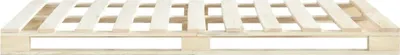 A wooden pallet bed frame on a white background.