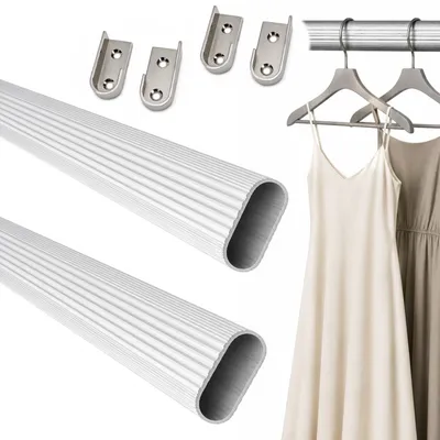 Produktbild von HOOZ® Kleiderstange 120 cm Oval Aluminium [SCHRANK- & WANDMONTAGE] inkl. Halter Schrankrohr Schrankstange Garderobenstange Silber 2er Set