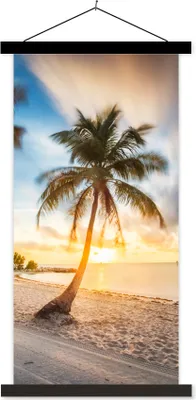 Produktbild von MuchoWow® Textilposter Sonnenuntergang - Strand - Palme 60x120 cm mit schwarzem Rahmen - Magnete