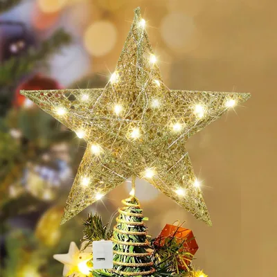 Obrázok produktu pre Špička na vianočný stromček, hviezda s LED svetlom, zlatá, 22,7 cm
