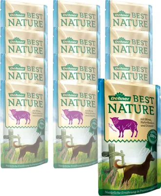 Produktbild von Dehner Best Nature Hundefutter, Nassfutter, für ausgewachsene Hunde, Lamm / Haferflocken, 12 x 150 g Beutel (1.8 kg)