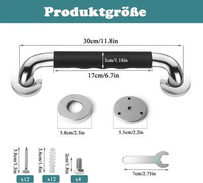 Produktbild von Haltegriff Für Senioren 2 Stück, 30 Cm Edelstahl Dusche Badewannengriff, Rutschfester Gummi Griff Für Badezimmer Küche Treppen
