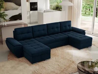 Produktbild von MKS MEBLE Sofa mit Schlaffunktion - Wohnlandschaft u form - Ecksofa mit Schlaffunktion und Bettkasten - Schlafsofa - Couch - Schlafsofa mit Bettkasten - Umbria U - Dunkelblau Velvet