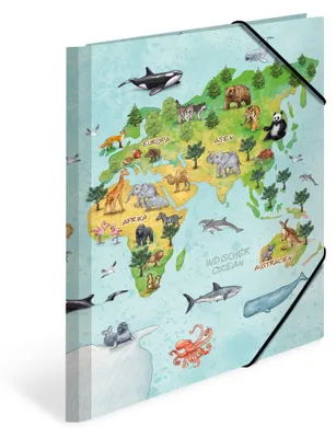 Produktbild von HERMA Sammelmappe A4 Weltkarte, Eckspanner-Mappe aus Pappe mit Kindergarten Motiv, Gummizug, Innenklappen und Innendruck für Jungen, Mädchen und Kinder