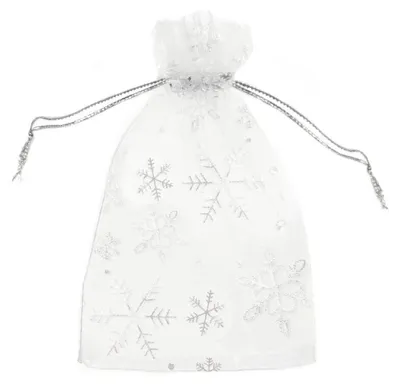Produktbild von Geschenkbeutel Organza | 10 x 15 cm Weiß mit Schneeflocken 10 Stück
