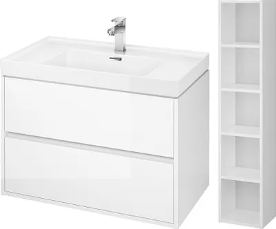 Produktbild von BADLAND Badmöbel Set CREA 80 Waschbecken-Unterschrank mit Hochschrank 140x30x25, Badregal, Weiß
