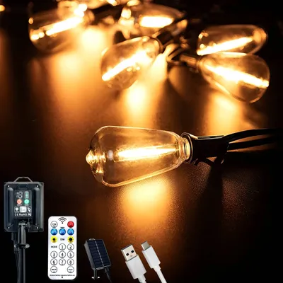 Produktbild von LUMILED solárne rozprávkové svetlá pre exteriér 14,5M ST38 40x LED + 2 náhradné žiarovky Retro Vintage Edison, IP44 2700K teplá biela 8 prevádzkových režimov, s diaľkovým ovládaním, solárny panel s 2400mAh batériou, solárne rozprávkové svetlá solárna lampa záhradné vonkajšie rozprávkové svetlá