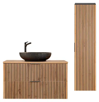 Produktbild von Waschtisch und Hängesäule 100.6cm Gaia mit 2 Schubladen, Eichenoptik und Schwarz