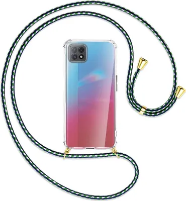 Produktbild von Handykette Backcover-Schutzhülle mit Band (Metall goldfarben) für Oppo A73 5G - grün/blau/weiß