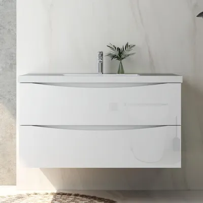 Produktbild von Badmöbel Set 100 cm Smiley Hochglanz Weiß Waschbecken mit Unterschrank Hängeschrank Softclose