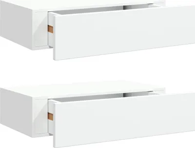 Two white wall-mounted shelves with drawers are shown against a white background.