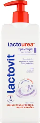 A white bottle of Lactovit LactoUrea body lotion with a red pump dispenser.