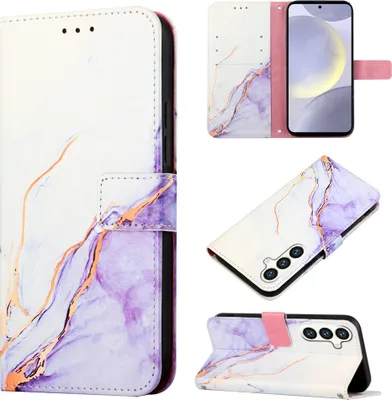 Produktbild von Galaxy S25 Hülle, Marmor Motiv Kunstleder Tasche Kartenfächer mit Standfunktion Schutzhülle für Samsung Galaxy S25 Weiß Lila