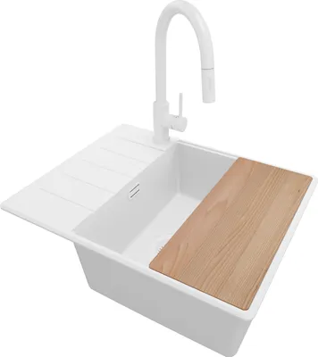 Produktbild von PRIMAGRAN Granitspüle Alles Weiß 62x50cm, Spülbecken 1 Becken + Ablauf-Set + Küchenzubehörset, Küchenspüle ab 50er Unterschrank - Kopenhagen