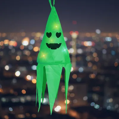 Obrázok produktu pre Halloween osvetlená dekorácia - duch - zelená - 10 farebných LED - zavesiteľné - 2 x 2032 - 75x20 cm